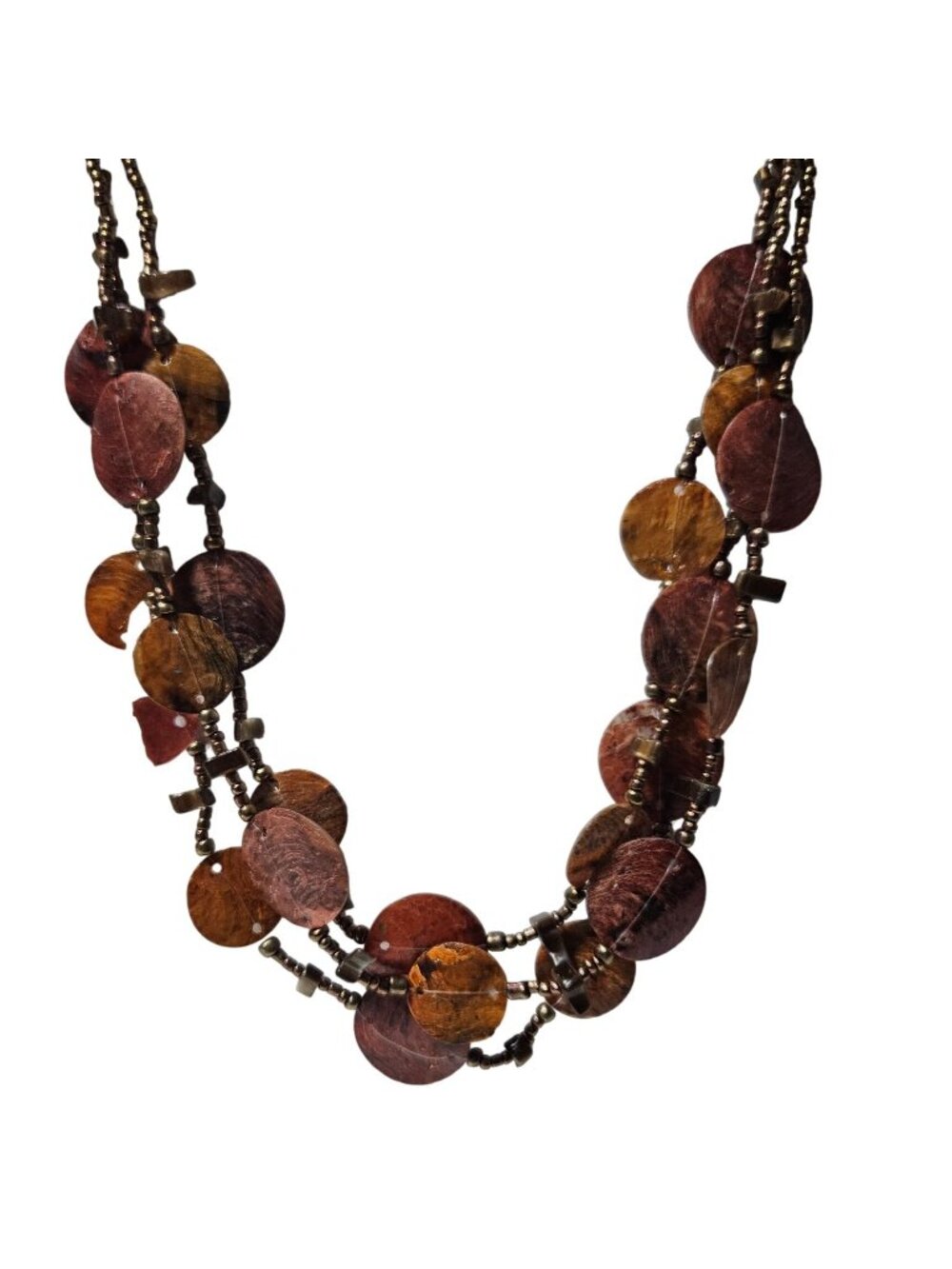 Handmade Beaded Necklace Natural Shell Discs Bronze Boho Multi Strand Jewelry